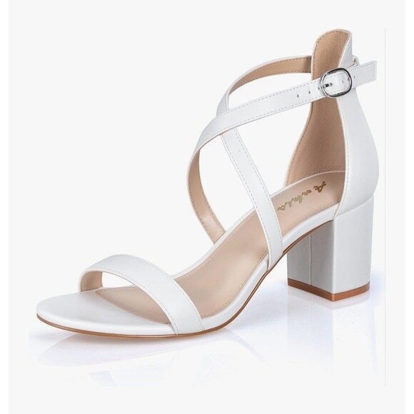 Women White 2.25 In Strappy Block Heels Comfy Grace Sandals Open Toe Chunky 8.5 - Picture 1 of 16